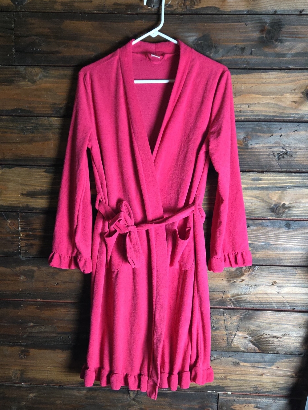 Vintage Ulta Beauty Ruffled Fuchsia Plush Wrap Robe with Tie Belt S/M